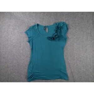 Maurices Top Womens S Teal Scoop Neck Floral Applique Ruching Short Sleeve